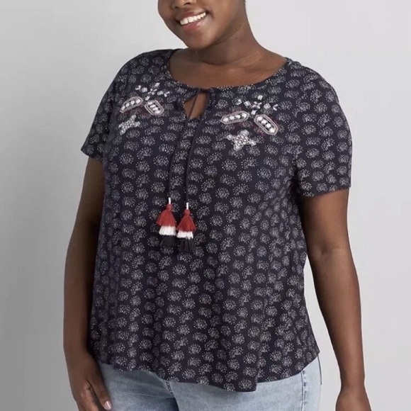 Lane Bryant Tops - Lane Bryant Embroidered Tassel Boho Blouse Plus Size 18/20 Short Sleeve Peasant